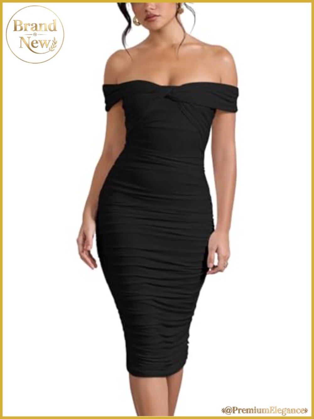 Off Shoulder Twist Wrap Bodycon Midi Dress Ruched Party Cocktail